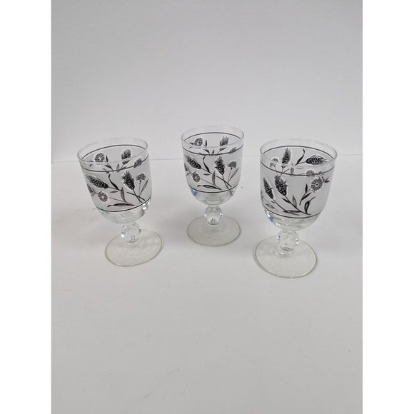 Set 3 Vintage Libbey Silver Wheat Frosted Glasses 5 1/2" by 2 7/8" Footed Stem - Picture 1 of 7